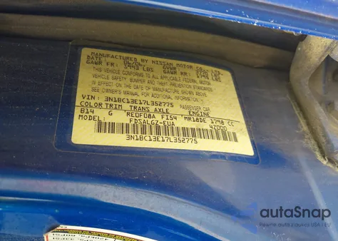 2007 Nissan Versa 1.8Sl z USA, uszkodzony, nr VIN 3N1BC13E17L352775